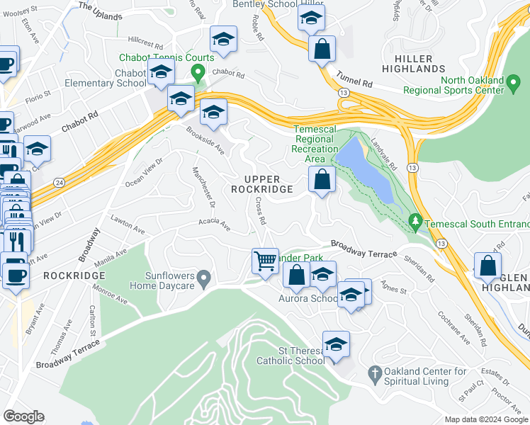 map of restaurants, bars, coffee shops, grocery stores, and more near 5347 Golden Gate Avenue in Oakland