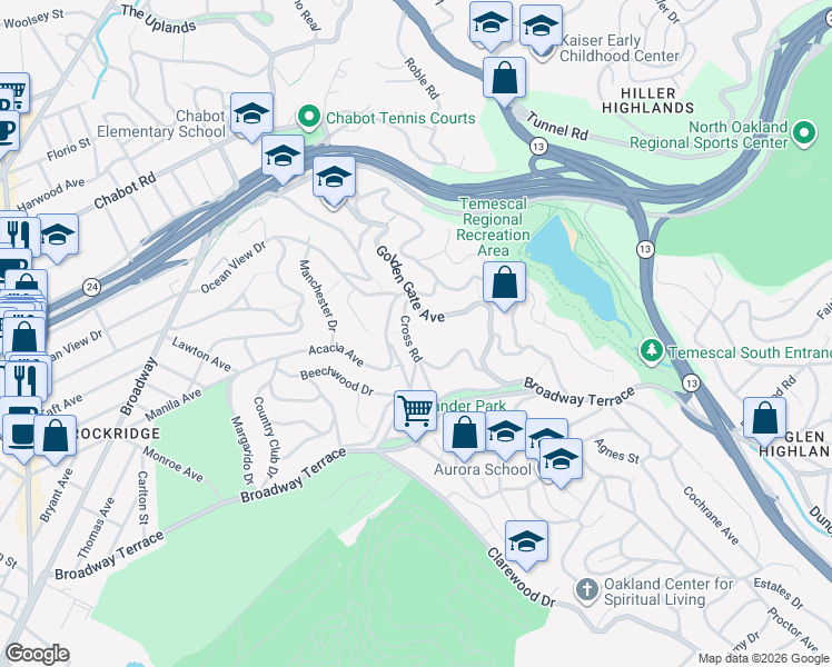 map of restaurants, bars, coffee shops, grocery stores, and more near 244 Cross Road in Oakland