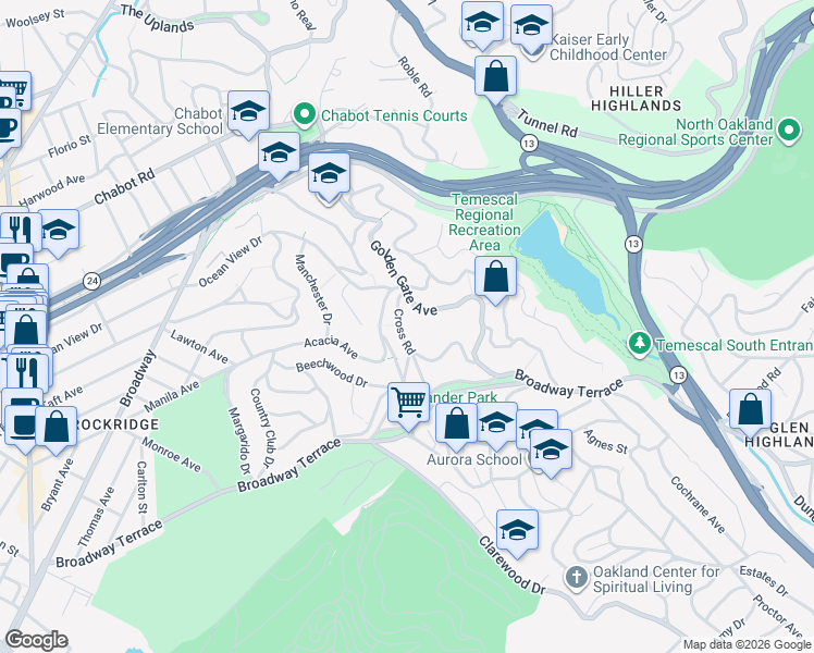 map of restaurants, bars, coffee shops, grocery stores, and more near 5347 Golden Gate Avenue in Oakland