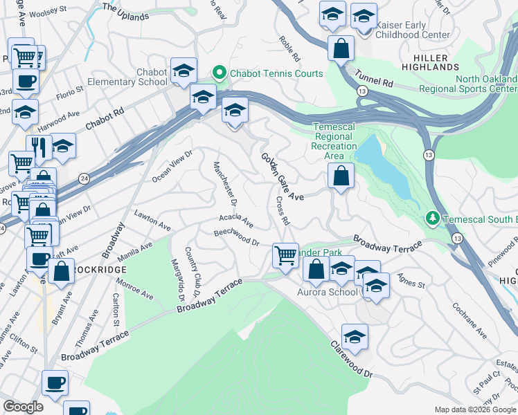 map of restaurants, bars, coffee shops, grocery stores, and more near 132 Alpine Terrace in Oakland