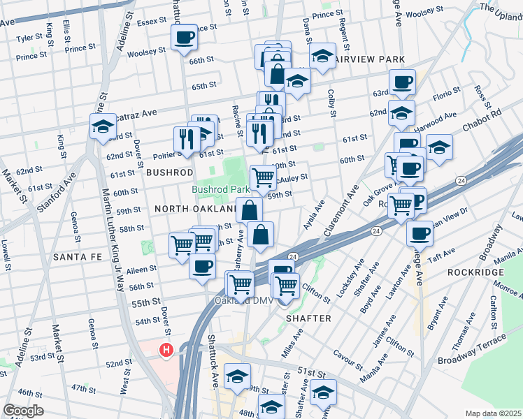 map of restaurants, bars, coffee shops, grocery stores, and more near 481 59th Street in Oakland