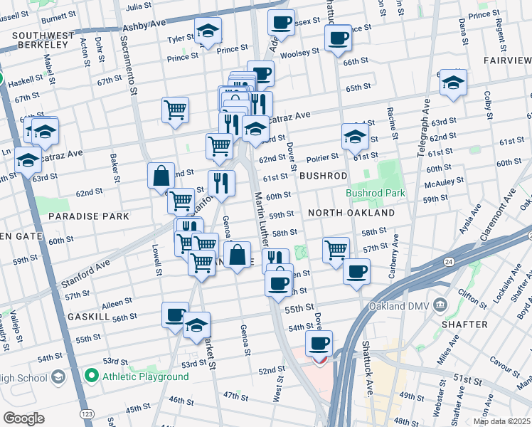 map of restaurants, bars, coffee shops, grocery stores, and more near 807 60th Street in Oakland