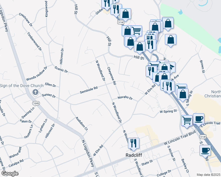 map of restaurants, bars, coffee shops, grocery stores, and more near 630 Seminole Road in Radcliff