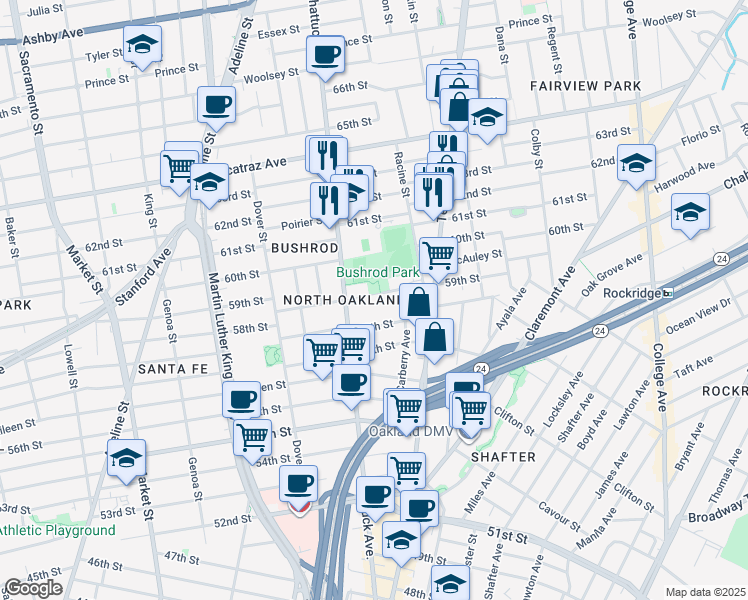 map of restaurants, bars, coffee shops, grocery stores, and more near 570 59th Street in Oakland