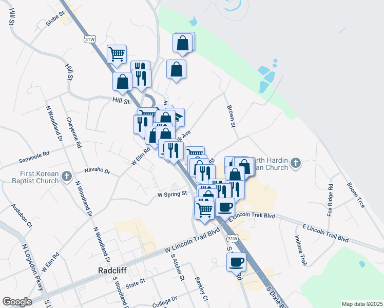 map of restaurants, bars, coffee shops, grocery stores, and more near 463 New Street in Radcliff