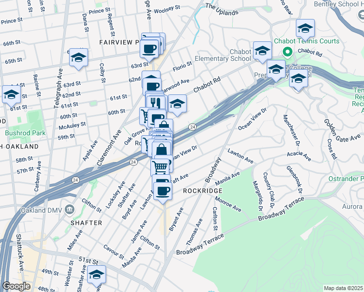 map of restaurants, bars, coffee shops, grocery stores, and more near 5701 Keith Avenue in Oakland