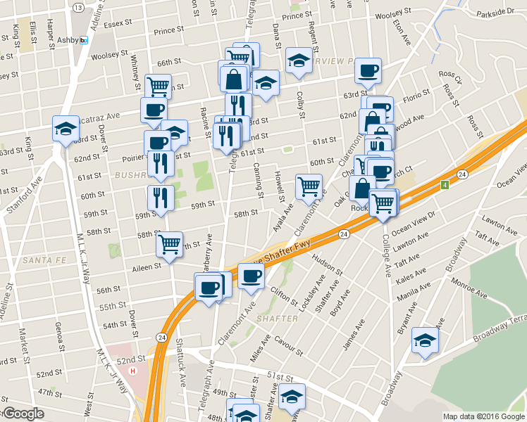 map of restaurants, bars, coffee shops, grocery stores, and more near 58th St & Canning St in Oakland