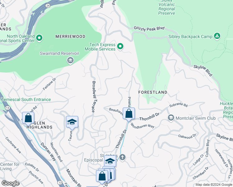 map of restaurants, bars, coffee shops, grocery stores, and more near 6467 Valley View Road in Oakland