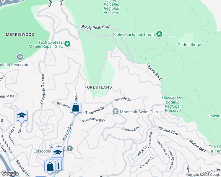 map of restaurants, bars, coffee shops, grocery stores, and more near 7130 Thorndale Drive in Oakland
