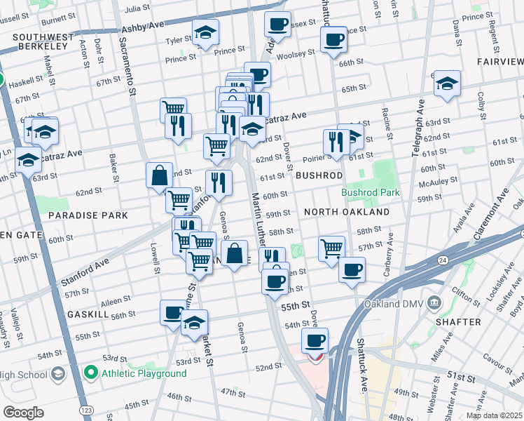 map of restaurants, bars, coffee shops, grocery stores, and more near 5914 Martin Luther King Junior Way in Oakland