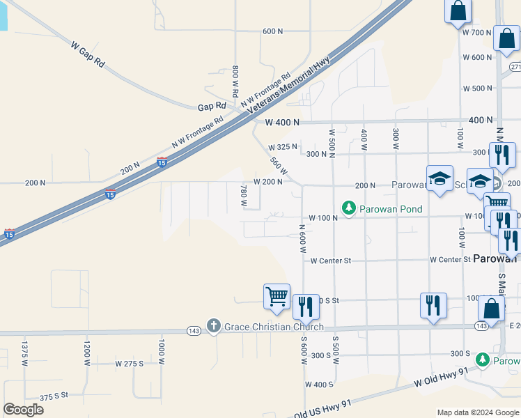 map of restaurants, bars, coffee shops, grocery stores, and more near 750 West in Parowan