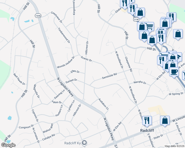 map of restaurants, bars, coffee shops, grocery stores, and more near 834-928 Hillcrest Drive in Radcliff