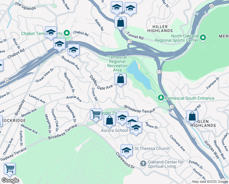 map of restaurants, bars, coffee shops, grocery stores, and more near 5147 Golden Gate Avenue in Oakland