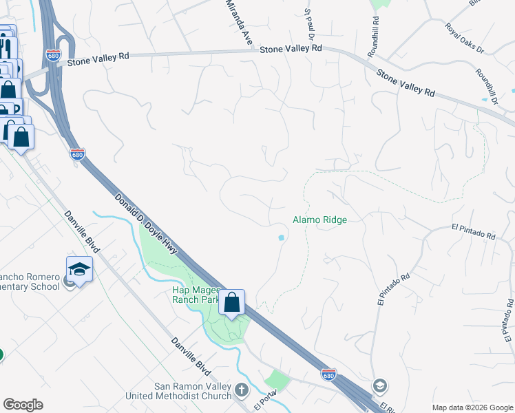 map of restaurants, bars, coffee shops, grocery stores, and more near 34 Kimberley Place in Alamo