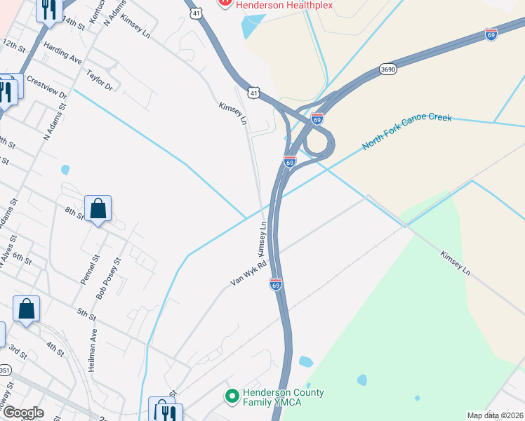 map of restaurants, bars, coffee shops, grocery stores, and more near Interstate 69 in Henderson