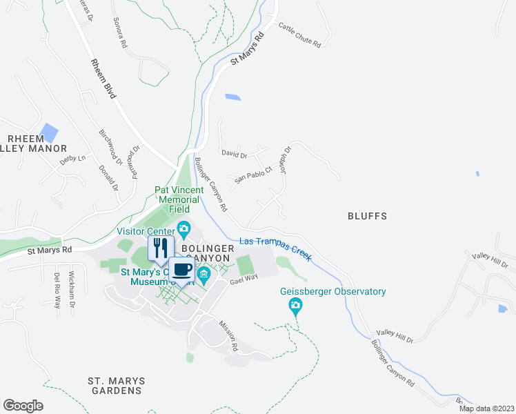 map of restaurants, bars, coffee shops, grocery stores, and more near 11 Breck Court in Moraga