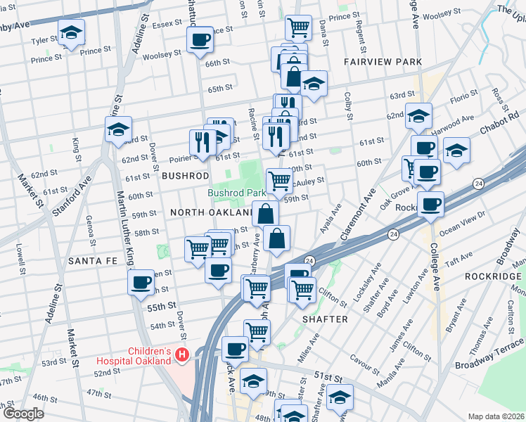 map of restaurants, bars, coffee shops, grocery stores, and more near 5940 Racine Street in Oakland