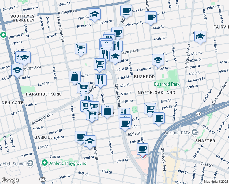 map of restaurants, bars, coffee shops, grocery stores, and more near 807 60th Street in Oakland