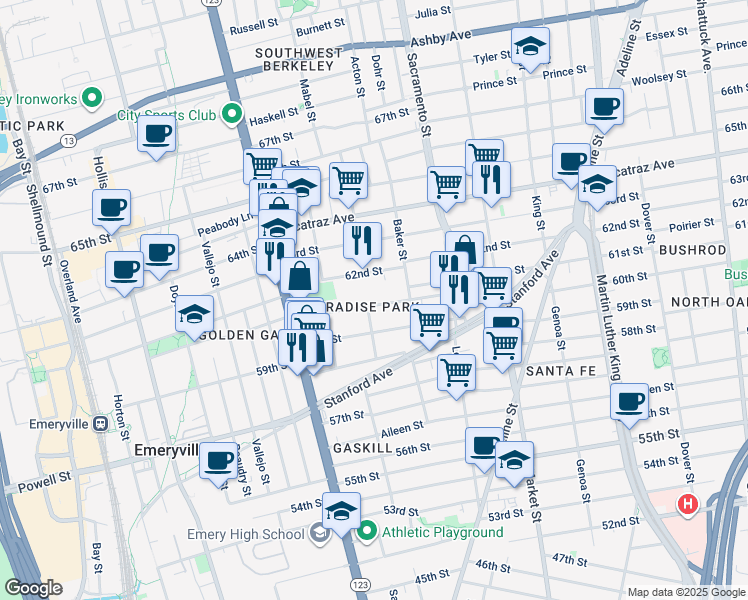 map of restaurants, bars, coffee shops, grocery stores, and more near 1003 62nd Street in Oakland