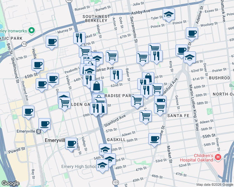 map of restaurants, bars, coffee shops, grocery stores, and more near 1028 61st Street in Oakland