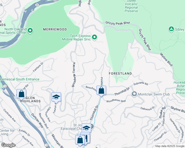 map of restaurants, bars, coffee shops, grocery stores, and more near 6467 Valley View Road in Oakland