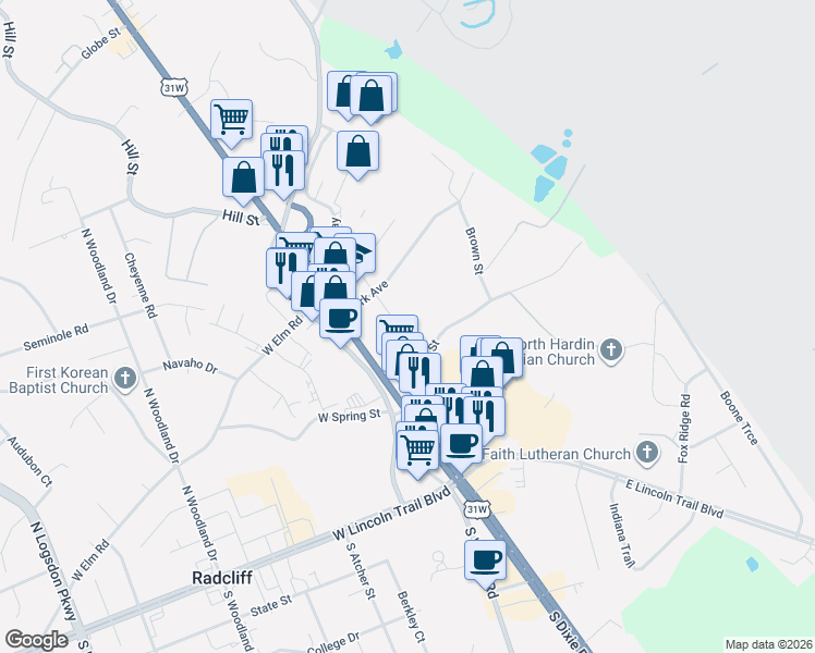 map of restaurants, bars, coffee shops, grocery stores, and more near 448 New Street in Radcliff