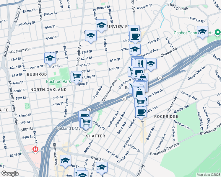 map of restaurants, bars, coffee shops, grocery stores, and more near Claremont Ave & Forest St in Oakland
