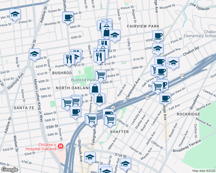 map of restaurants, bars, coffee shops, grocery stores, and more near 480 58th Street in Oakland
