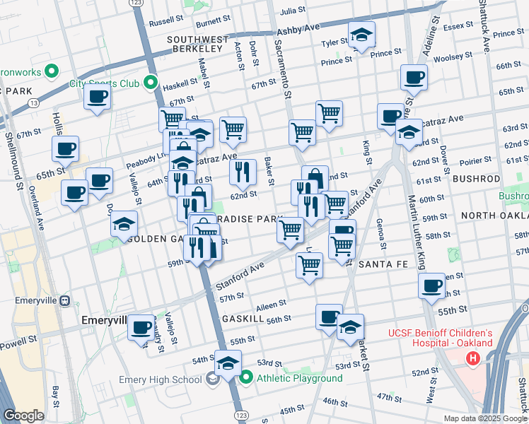 map of restaurants, bars, coffee shops, grocery stores, and more near 998 61st Street in Oakland