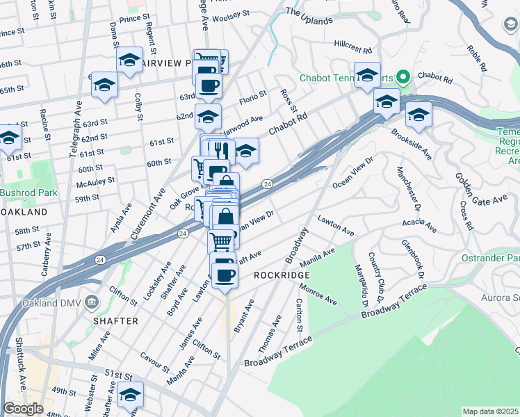 map of restaurants, bars, coffee shops, grocery stores, and more near 5701 Keith Avenue in Oakland