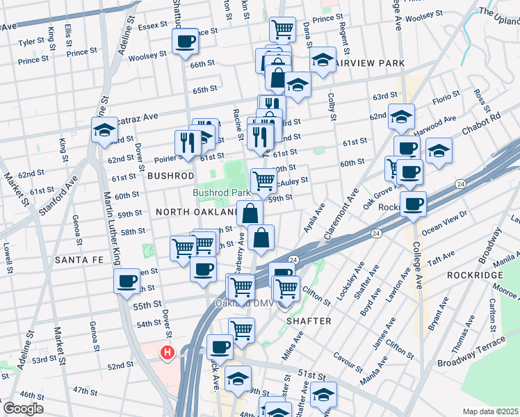 map of restaurants, bars, coffee shops, grocery stores, and more near 5940 Racine Street in Oakland
