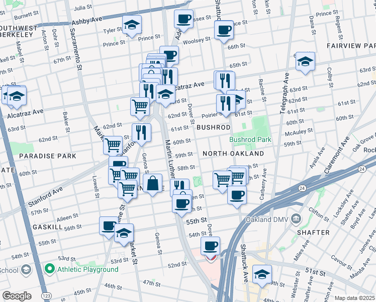 map of restaurants, bars, coffee shops, grocery stores, and more near 749 60th Street in Oakland