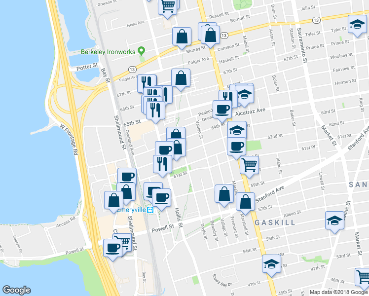map of restaurants, bars, coffee shops, grocery stores, and more near 1285 64th Street in Emeryville