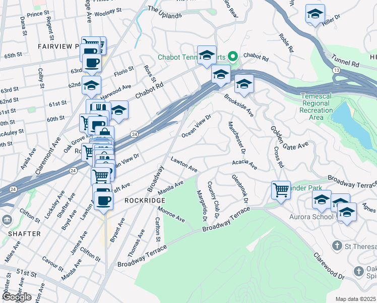 map of restaurants, bars, coffee shops, grocery stores, and more near 6045 Rockridge Boulevard in Oakland