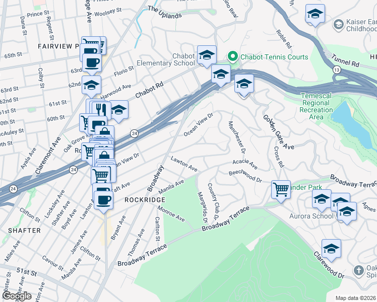 map of restaurants, bars, coffee shops, grocery stores, and more near 6045 Rockridge Boulevard in Oakland