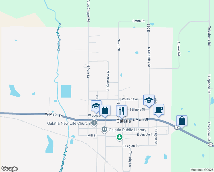 map of restaurants, bars, coffee shops, grocery stores, and more near 101-309 East Blakley Street in Galatia