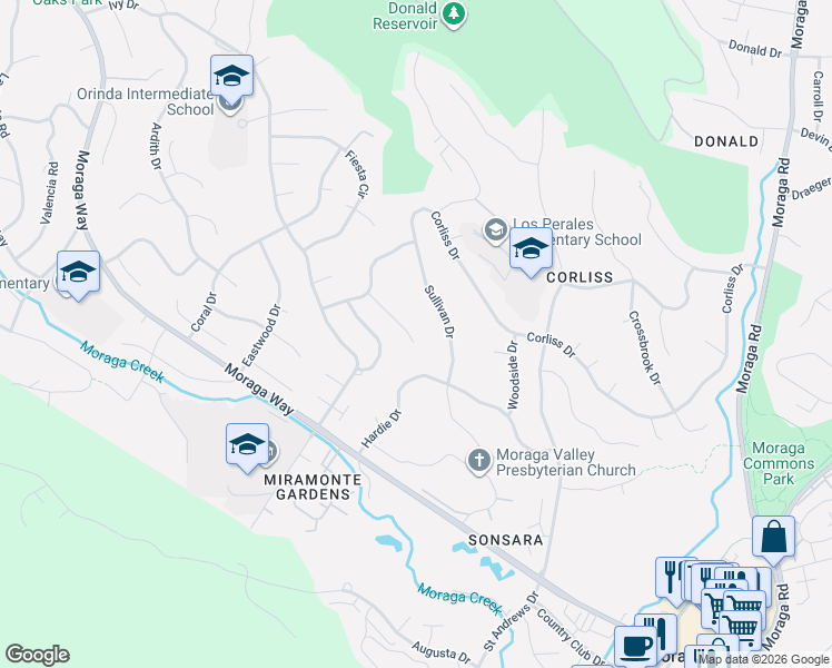 map of restaurants, bars, coffee shops, grocery stores, and more near 29 Thorndale Place in Moraga