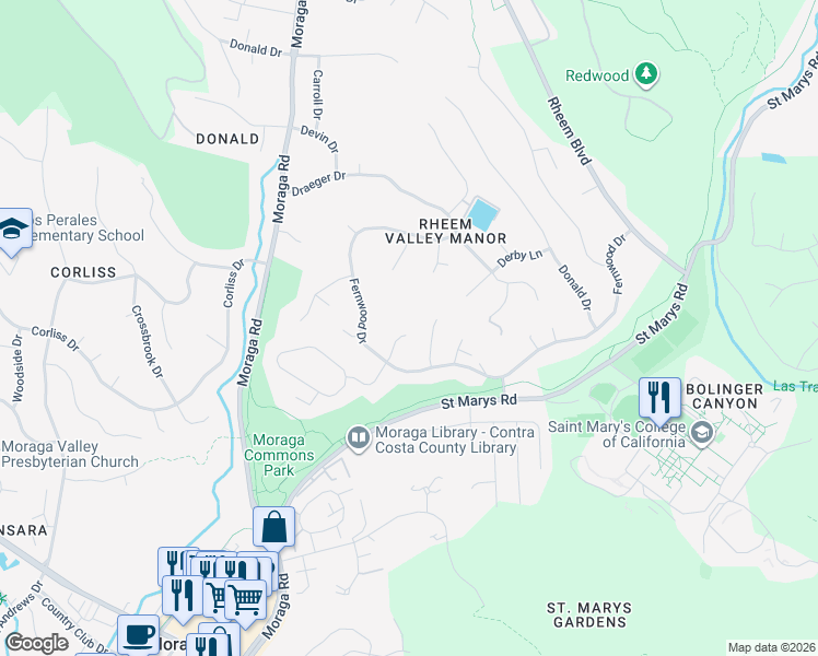 map of restaurants, bars, coffee shops, grocery stores, and more near 226 Alderbrook Place in Moraga
