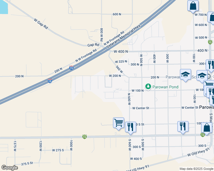 map of restaurants, bars, coffee shops, grocery stores, and more near 138 780 West in Parowan