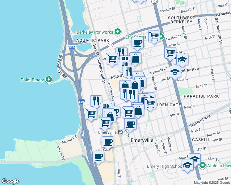 map of restaurants, bars, coffee shops, grocery stores, and more near 1490 64th Street in Emeryville