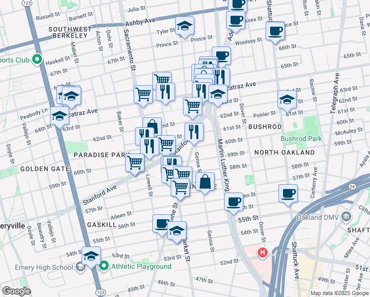map of restaurants, bars, coffee shops, grocery stores, and more near 863 Stanford Avenue in Oakland