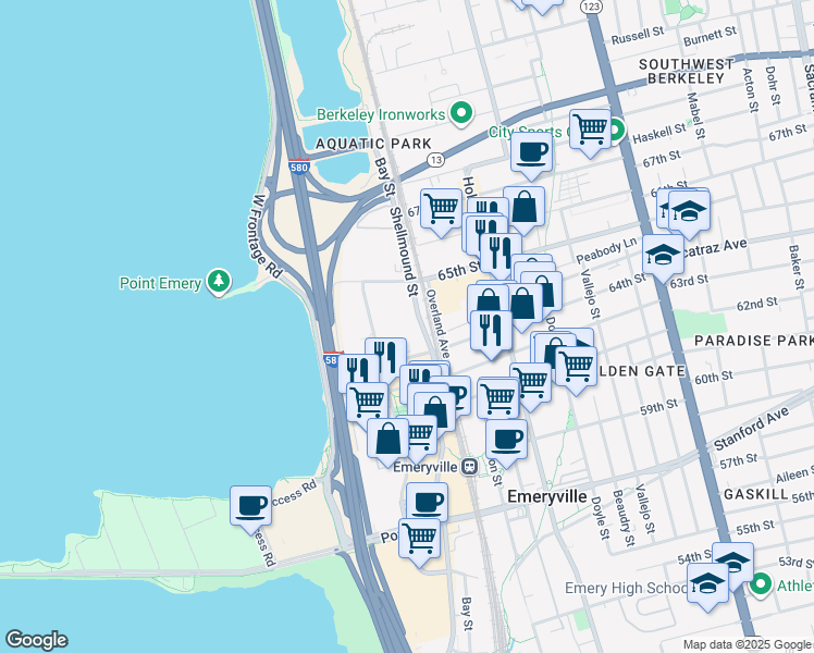 map of restaurants, bars, coffee shops, grocery stores, and more near 3203 65th Street in Emeryville