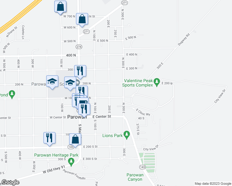 map of restaurants, bars, coffee shops, grocery stores, and more near 255 East 100 North in Paragonah