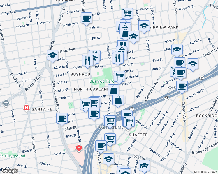 map of restaurants, bars, coffee shops, grocery stores, and more near 5940 Racine Street in Oakland