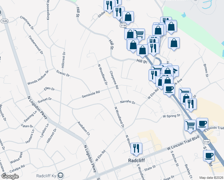 map of restaurants, bars, coffee shops, grocery stores, and more near 630 Seminole Road in Radcliff