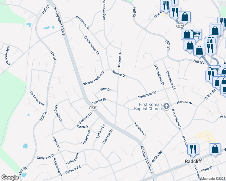 map of restaurants, bars, coffee shops, grocery stores, and more near 1059 Ellen Drive in Radcliff