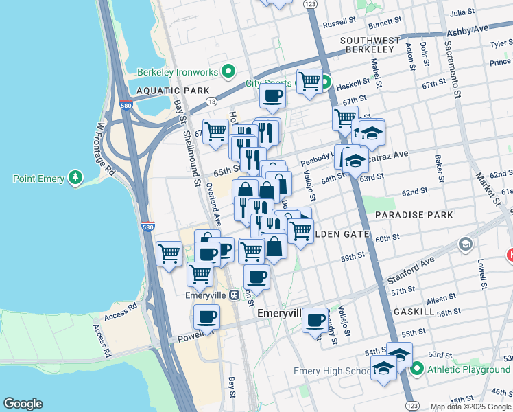 map of restaurants, bars, coffee shops, grocery stores, and more near 64th Street in Emeryville
