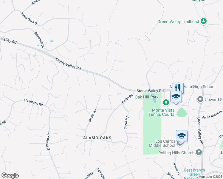 map of restaurants, bars, coffee shops, grocery stores, and more near 2717 Stone Valley Road in Alamo