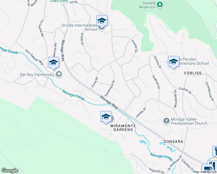 map of restaurants, bars, coffee shops, grocery stores, and more near 8 Carisbrook Drive in Orinda