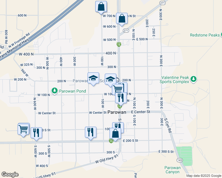 map of restaurants, bars, coffee shops, grocery stores, and more near 50 West 100 North in Parowan